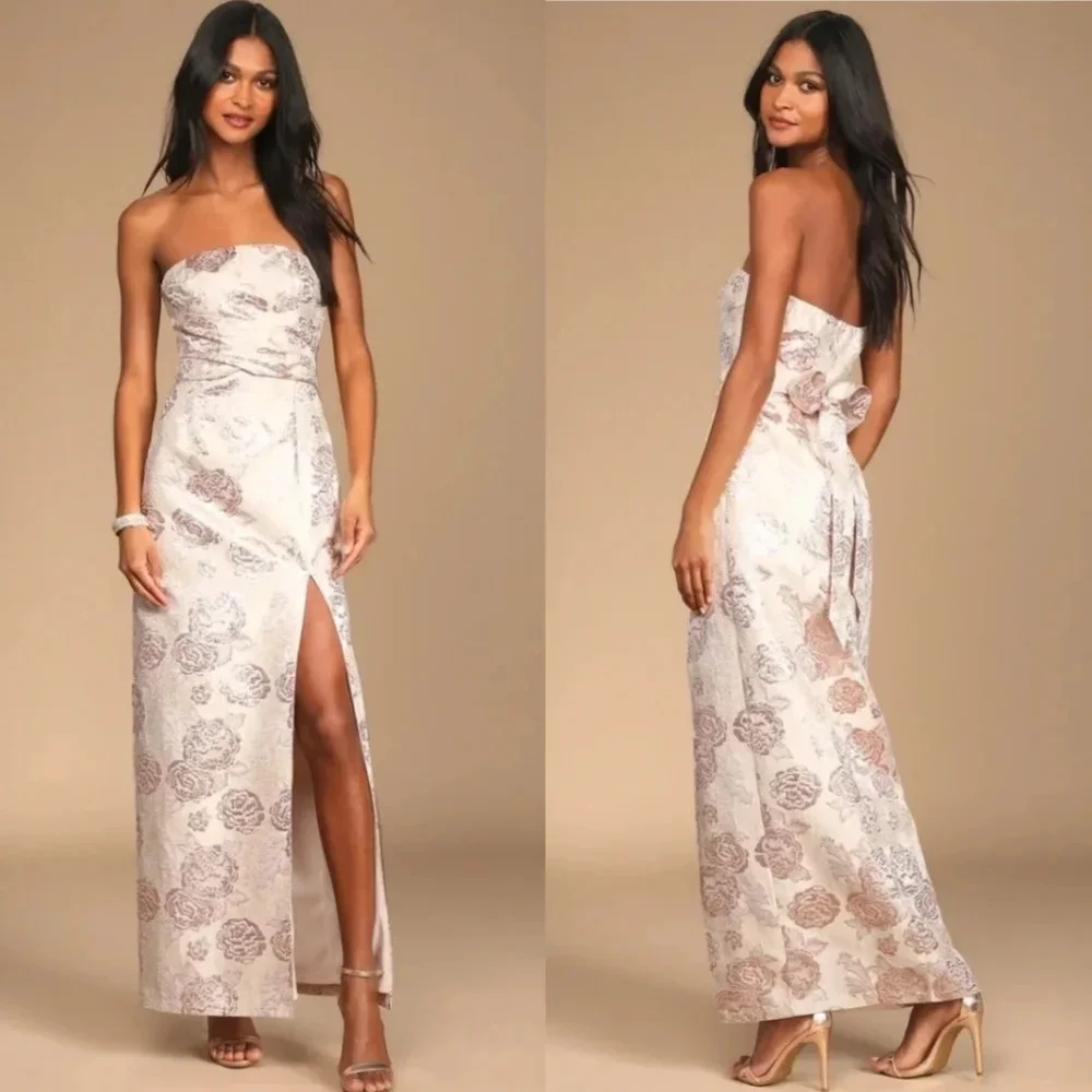 Lulus Redefine Regal Pale Pink Floral Jacquard Strapless Maxi Dress XS Wedding